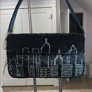 Black Beaded Cityscape Shoulder Bag NWT